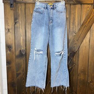 Sakepoche Distressed Destroyed Cropped Raw Hem Wide Leg Jeans